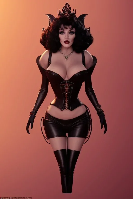 Joan Collins as evil queen in black leather, leather, busty, cleavage, angry, stern look. character design by cory loftis, fenghua zhong, ryohei hase, ismail inceoglu and ruan jia. unreal engine 5, artistic lighting, highly detailed, photorealistic, fantasy