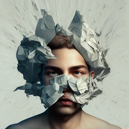 rendered in blender trash bag on his head and crumpled paper as a texture, collage paper and tape, slit - scan photography, high resolution, cinematic, unreal 6, breathtaking detailed