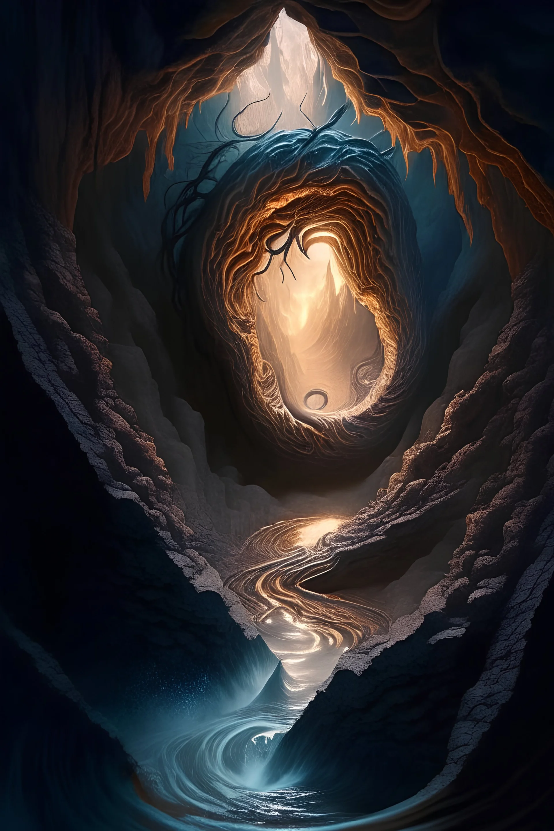 the meandering spirit rises through the chasm of the underworld