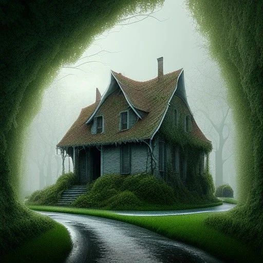 Old building covered with white vines,village,film,filmed,photo,cinematographic,realistic,dim white light,fog,hyperrealistic style,detailed,unusual house,Asphalt after rain,reflections on the road