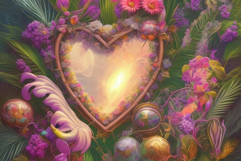 love, high contrast, Tropical flowers,heart drawing, crystals, tropical leaves, sacred altar, Fantasy temple,