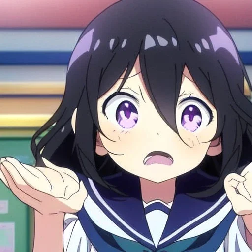 Clear focus, High resolution,a anime kid, roughline skecth, cute, cartoony style,interesting hair between eyes,black hair,, fluffy hair,long bangs,purple eyes, front view, anime screencap,background is a classroom, screaming and blushing, wearing a sailor uniform