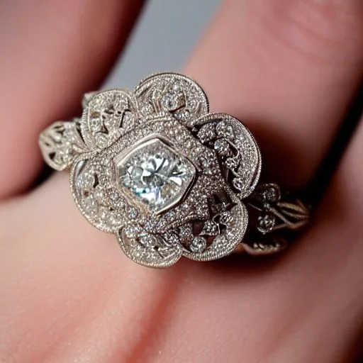 diamond ring, art noveau, filigree, floral, breathtaking, highly ornate, delicate, intricate, photorealistic, high fashion, fine jewellery, luxury, designer