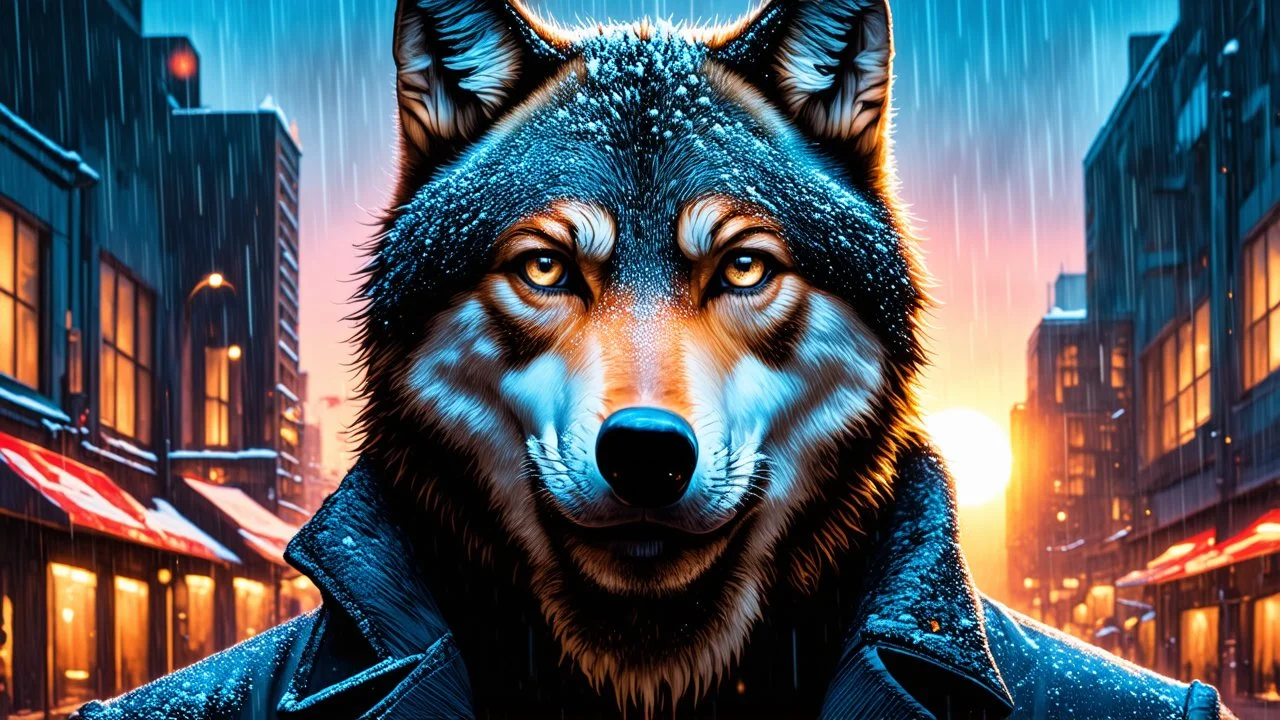 double exposure, Wolf Man, man, city, sunset, gouache, snow, rain, fantasy, mystical, tattoo, vertical pupils, high detail, high resolution, 8K