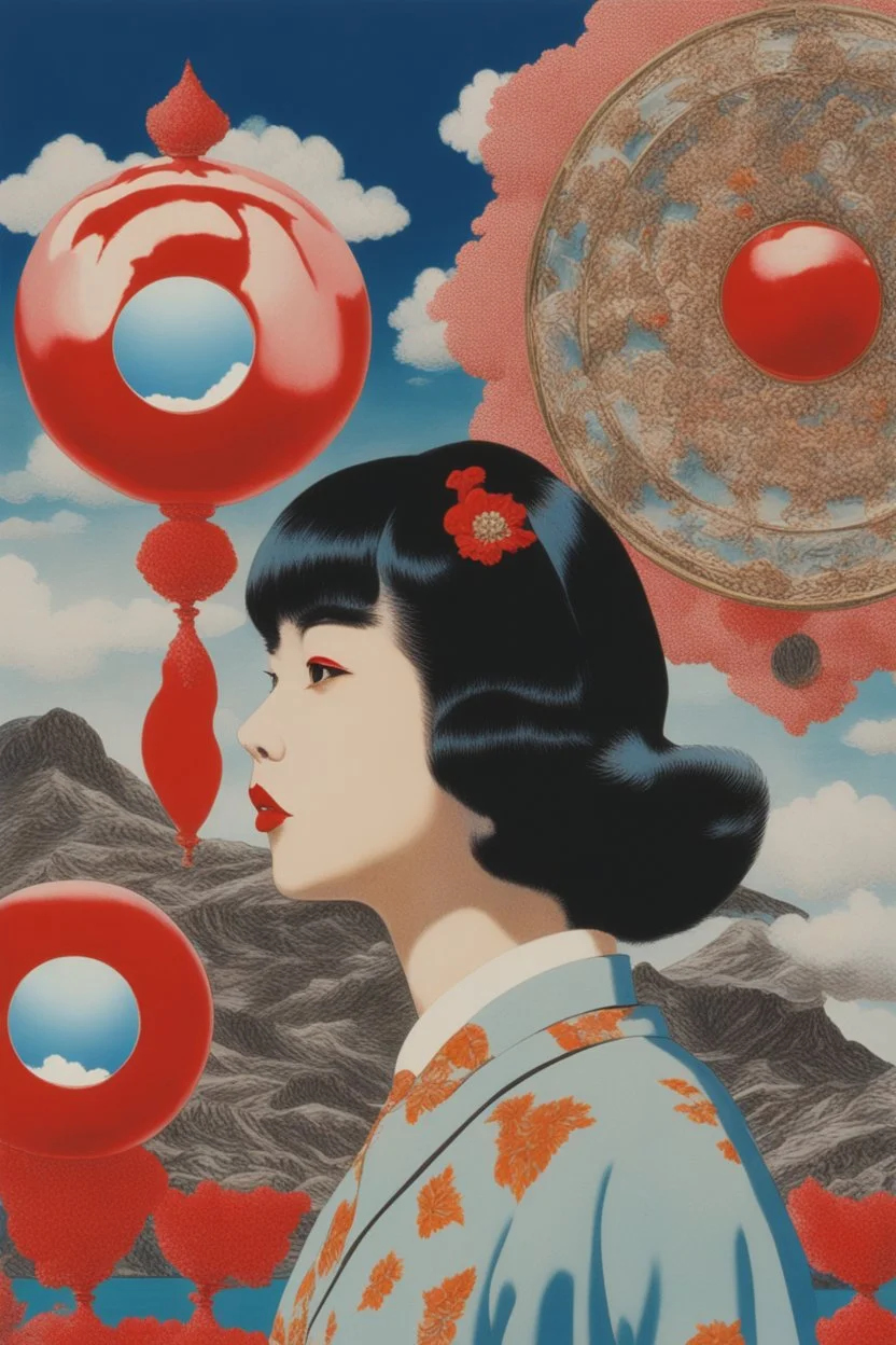 minimal,psycho art,cloud in blue sky, a red lip, collage art, shuji terayama, dreamy objects, surreal, criterion collection, showa era, intricate details, mirror