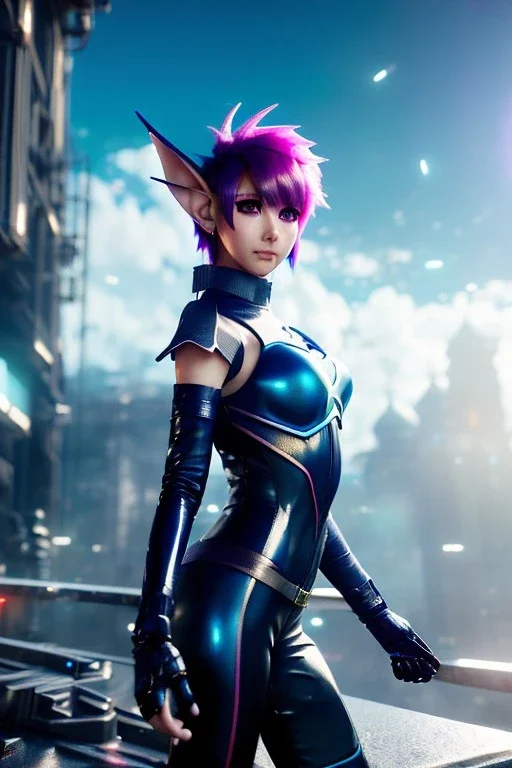 Futuristic anime elf, waist up portrait, physically fit, latex and leather attire, blue eyes, pastel hair, intricate eyeliner, vibrant eyeshadow, clear completion, soft lighting, 4k resolution, intricate details, insanely detailed, colorful cityscape background, masterpiece, expert, cinematic smooth, retroanime style, realistic details, no helmet