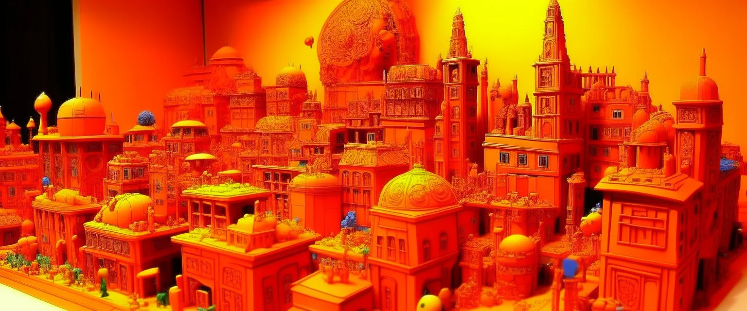 An orange colored district made out of toys designed in Moroccan rug art painted by Max Ernst