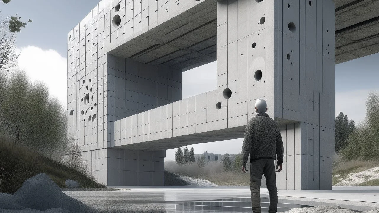 a person standing next to a building with holes in its side and a bridge in the background, concrete art, a digital rendering