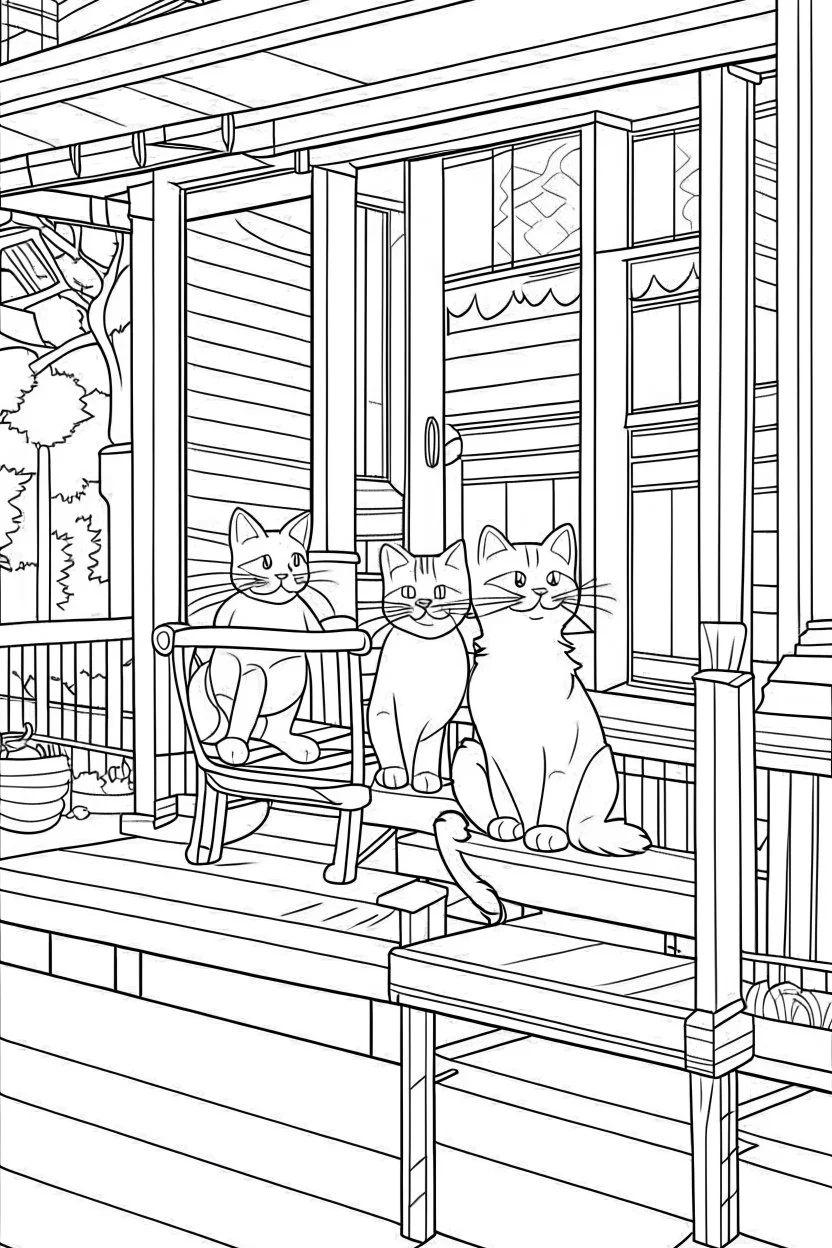 coloring page for kids, Cats on the porch, cartoon style, thick lines, low detail, no shading