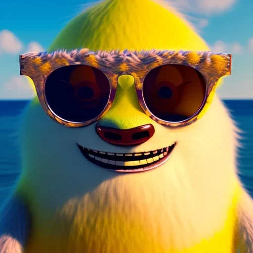 lemon wearing sunglasses, relaxing on the beach, pixar movie still, 3d, realistic rendering, hyperdetailed