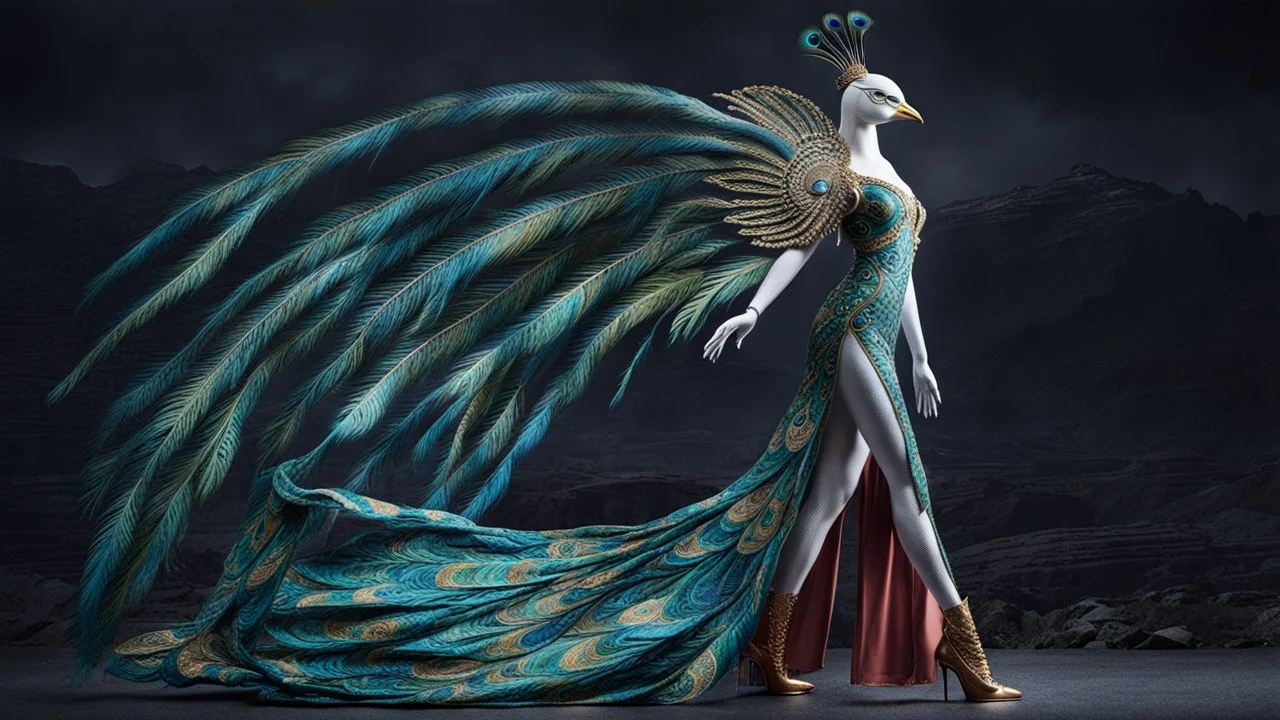 A majestic figure with a bird-like head and long, flowing feathers that resemble a peacock's tail. The figure stands against a dark, mountainous backdrop. The feathers are vibrant with shades of blue, green, and gold, and they spread out dramatically, almost as if they are in motion. The figure's body is adorned with intricate patterns and designs, and it wears a long, flowing dress that mirrors the colors and patterns of the feathers. The dress has a high slit on one side, revealing a leg.