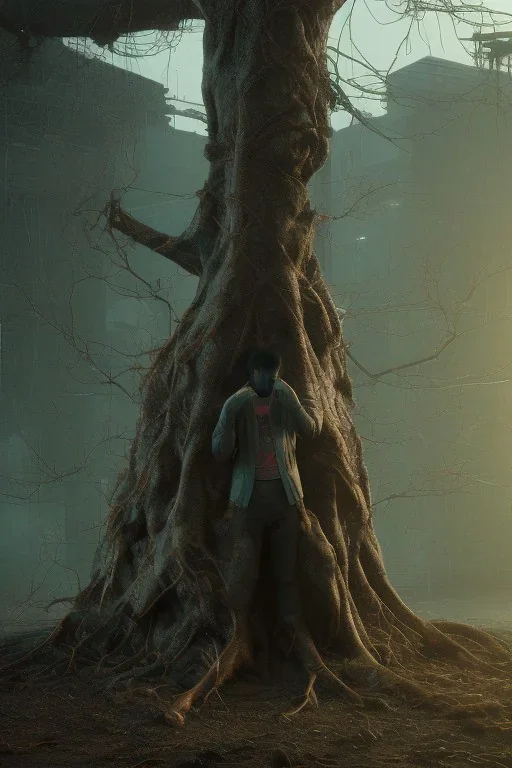 Cyberpunk theme, Oak tree roots holding man inside, misty sunny day, close-up portrait,