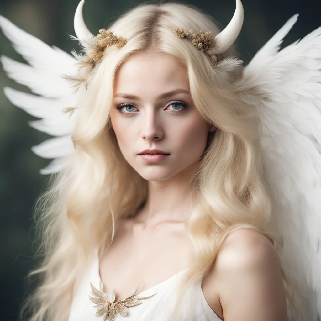 Rare blonde angel with pale skin, she looks like a faun with little crone horns and small white feather wings