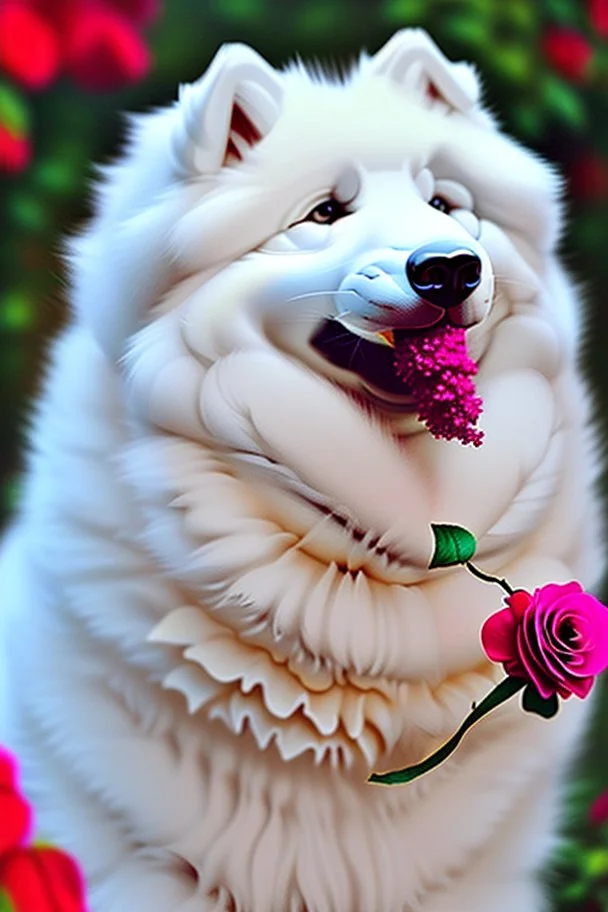 Cute, fluffy, happy looking white Samoyed dog, holding a rose in its mouth, colorful, festive atmosphere, detailed, congratulating