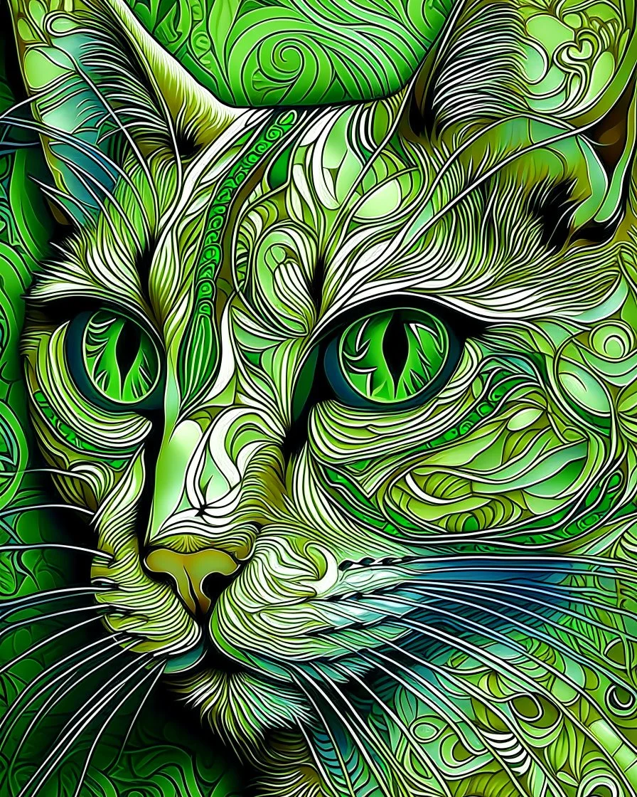 Detailed Surreal Portrait of Oriental blue and white tabby cat, with a triangular slender white face, large ears and green eyes by Gustav Klimt muted colors.