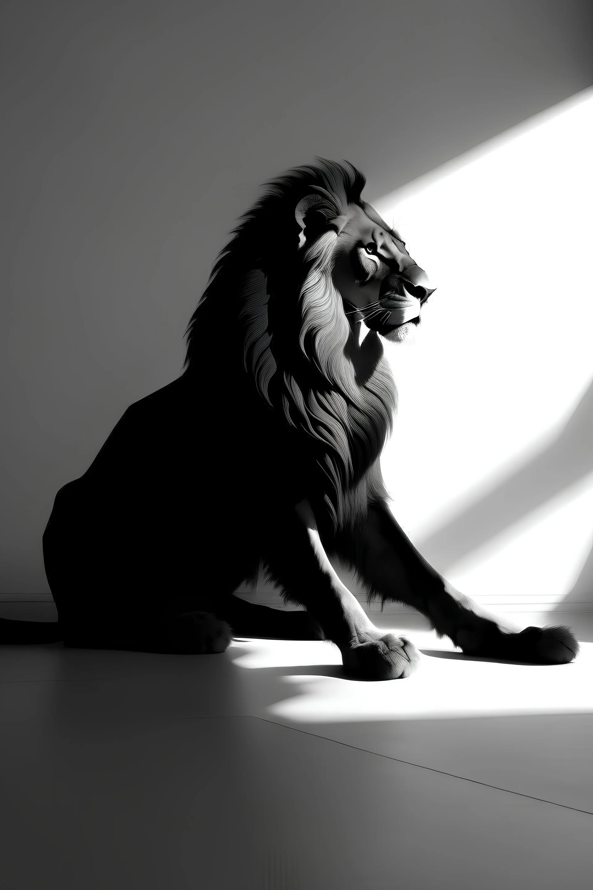 shadow lion on grey wall, picture black and white, top side