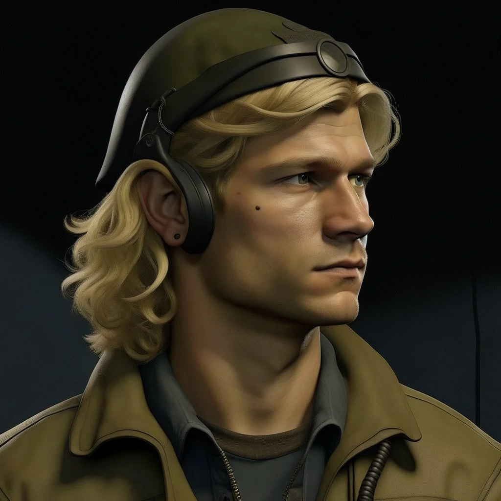 The submarine mechanic Blicke Blocknyckel, a blonde man with a mullet and chinstrap realistic grimdark