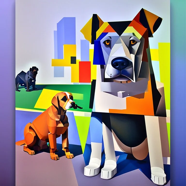 Cubist painting of humans and dogs standing next to each other in different colors and sizes, Cubist painting by Kees Maks, featured on dribble, informal art, cubism, picasso, art on instagram