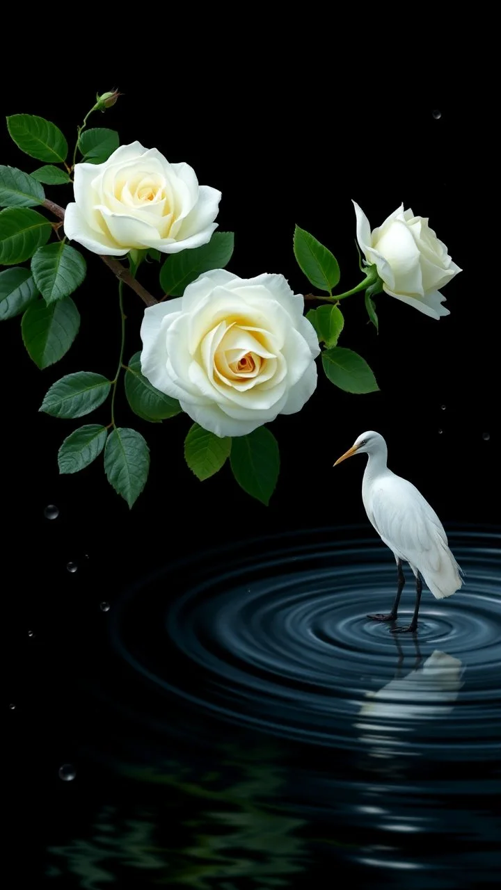 The image is a digital artwork that depicts a long branch of tree of three white roses and leaves tangling in to a water in the river with one white flamenco bird standing on the surface of the water, creating a wave-like effect. The background is black, which makes a branch of a tree of white roses stand out even more. Water droplets are scattered adding to the dreamy, ethereal quality of the image. The a