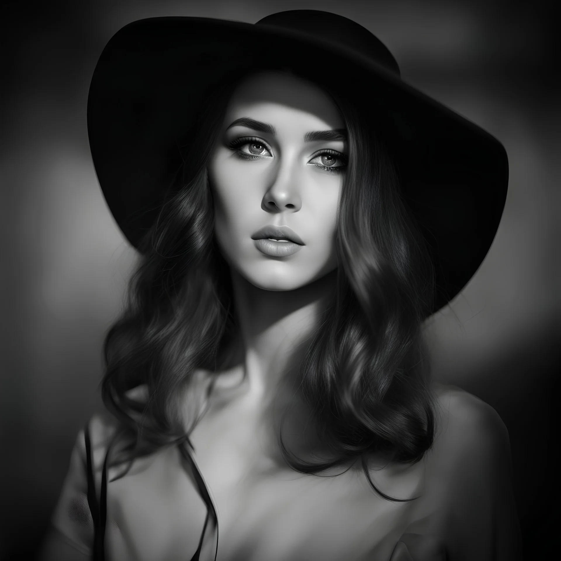 girl in a black hat, black and white photography