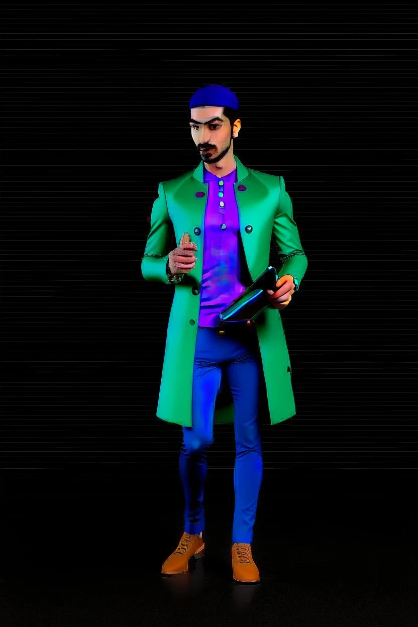 Modern guy, 20s, holding "ipad" in left hand, looks like a renaissance painting, walking forward, full body, "persian green coat", blue pants, "right hand in to the ground". "Front facing" "forward view" black background