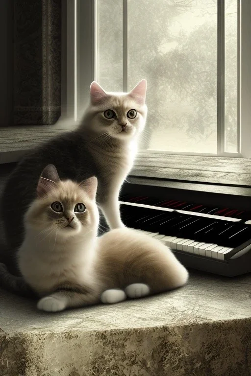 A young beautiful cat, is sitting on a piano, window behind with sight of Vienna