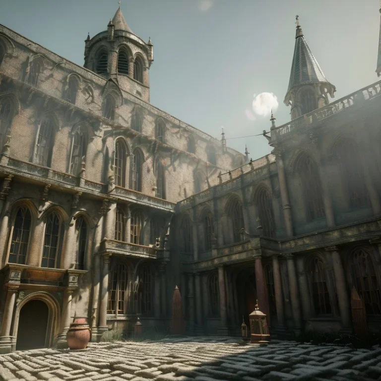 inside of a mystery dark gothic museum , dystopic, millions of books, labyrintic architecture, orange color scheme, high key lighting, volumetric light high details with white stripes and feathers unreal 5, octane render, cinema4d, dynamic lighting, dramatic lighting, 4k, redshift render, highly detailed, hyper realistic, sunset, Stephan Eicher