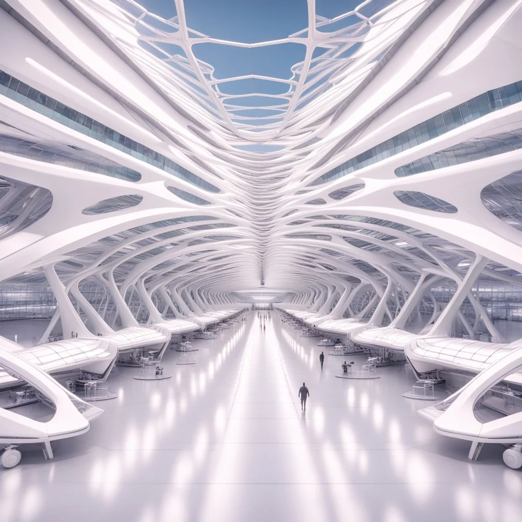 perspective of the symmetrical exterior view of an ant-shaped airport, spectacular, shocking, ultra quality, maximalist, 8k 3D