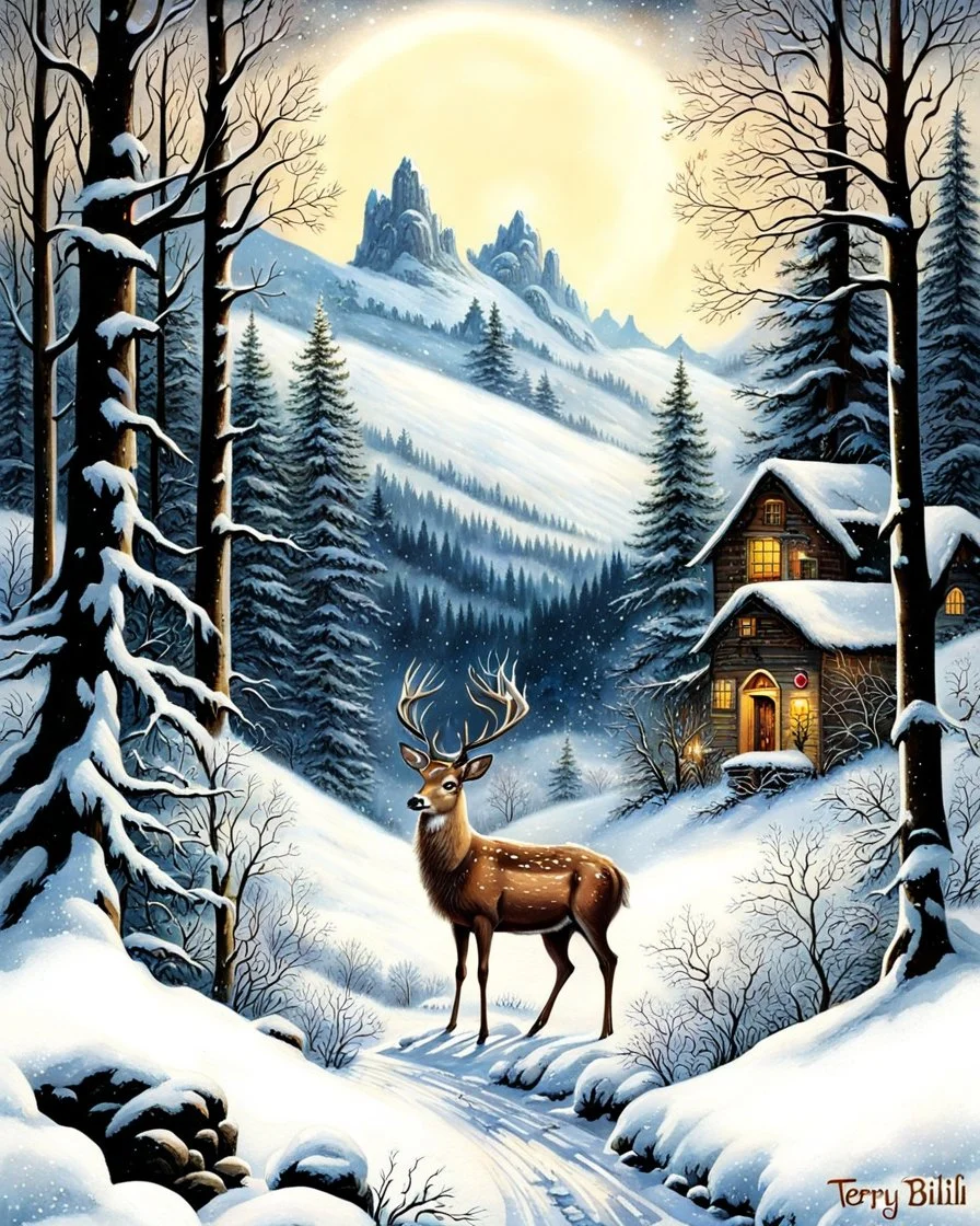 v20th century hungarian vintage postcard, painting of a deer in a snowy forest , a little cute village in the valley in the background, christmas mood, cosy enchanted winter scene, beautiful depiction, inspired by Terry Redlin, snowy winter beauty scene, painting, by Cindy Wright, beautiful detail, by Doris Blair, wintery scene, amazing detail, stunning artwork, vintage postcard, nostalgic style