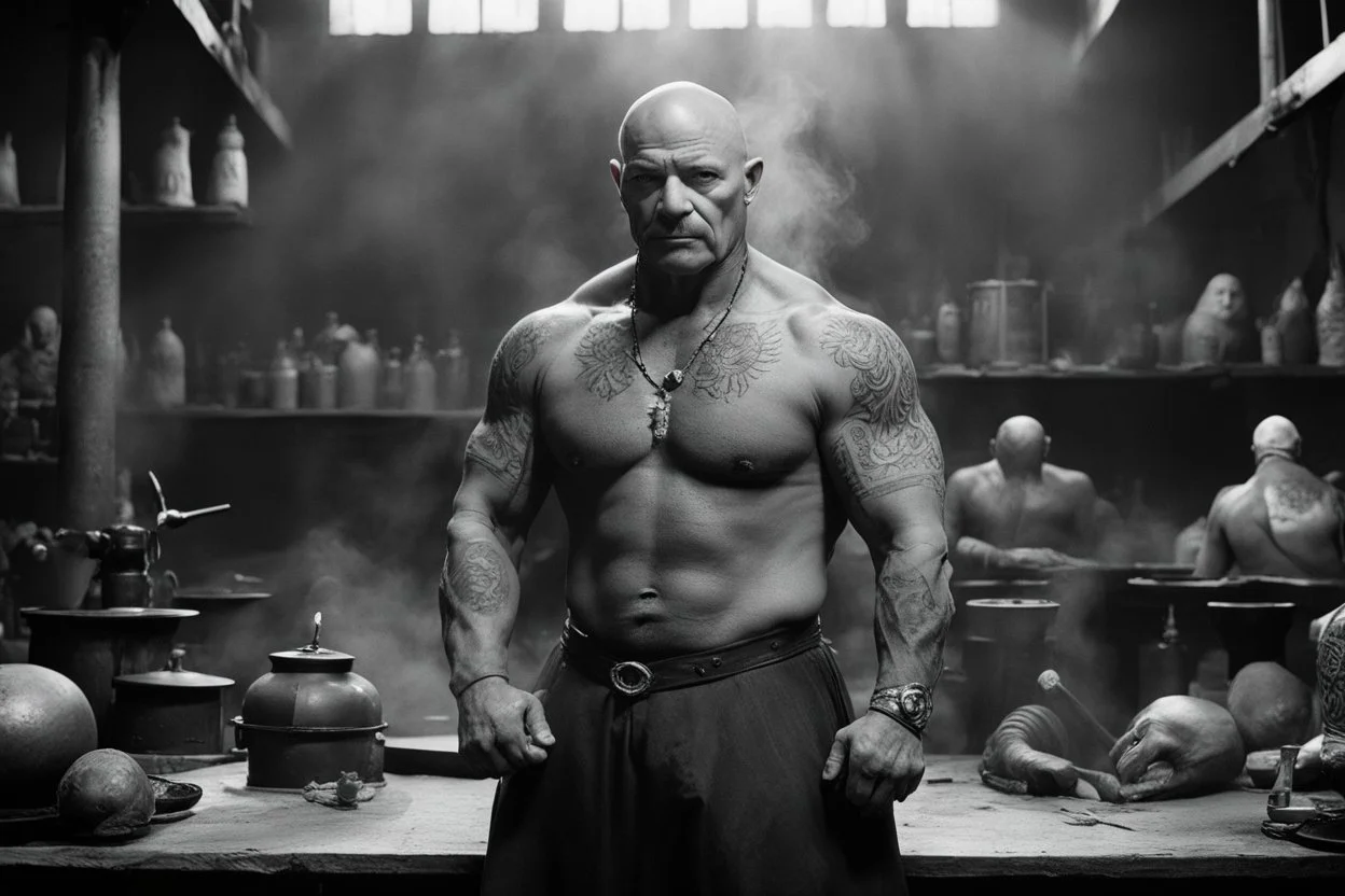 [very impressive high res masterpiece in Kodak Eastman 5247, scene by László Krasznahorkai] bald Charles Bronson as Vulcan covered with tattoos, the deity of hell and blacksmith of gods, in his smoky workshop, his hands are surrounded by an aura of power