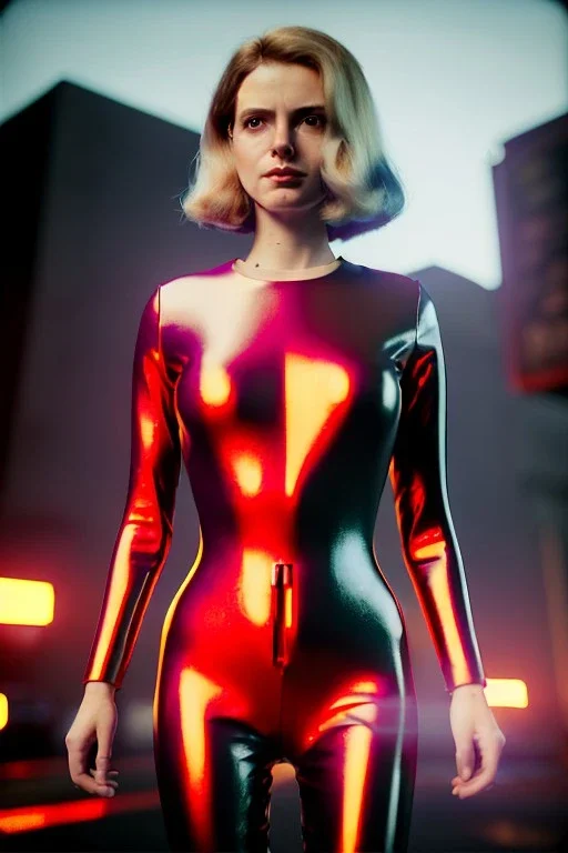 retro sci-fi portrait image from 1980, Los Angeles street explosions, fire, scared people, sweet young blonde woman walking, tight latex suit, soft color, highly detailed, unreal engine 5, ray tracing, RTX, lumen lighting, ultra detail, volumetric lighting, 3d, finely drawn, high definition, high resolution.