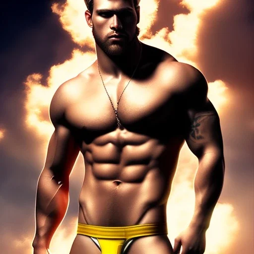 Ignore NSFW, teenager young rugged attractive slightly muscular fantasticly handsome blonde man, red briefs with yellow belt, hairy chest, (((visibly pisssing))) briefs, large erect visible boner peniss, photorealistic, artist Jay Anacleto, soft lighting, scruffy beard