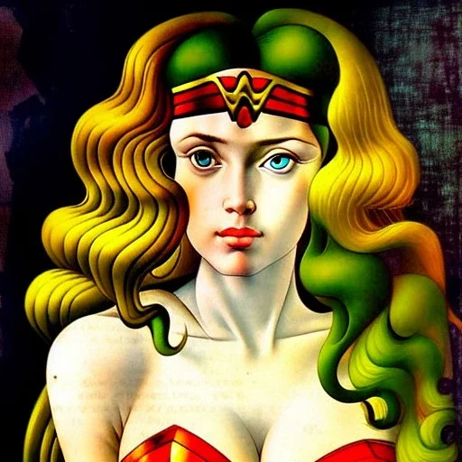 portrait of a beautiful busty wonder woman with green eyes by Sandro Botticelli style