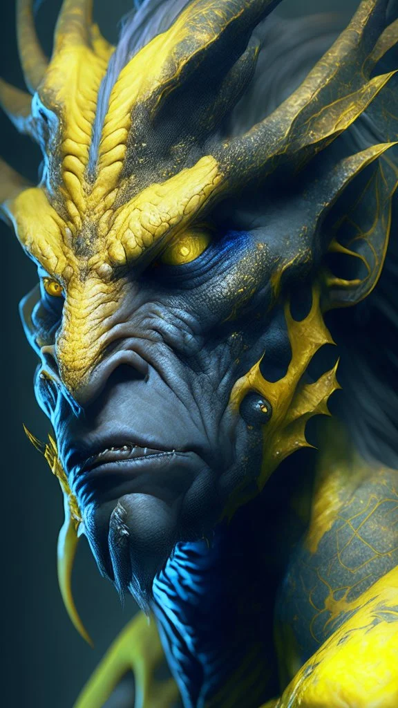 A Na'vi Ogre Dragon with large yellow eyes, tattooed skin, starring viciously at the viewer, 8k resolution concept art portrait by Greg Rutkowski, Artgerm, WLOP, Alphonse Mucha dynamic lighting hyperdetailed intricately detailed Splash art trending on Artstation Unreal Engine 5 volumetric lighting, by Hajime Isayama, H R Giger