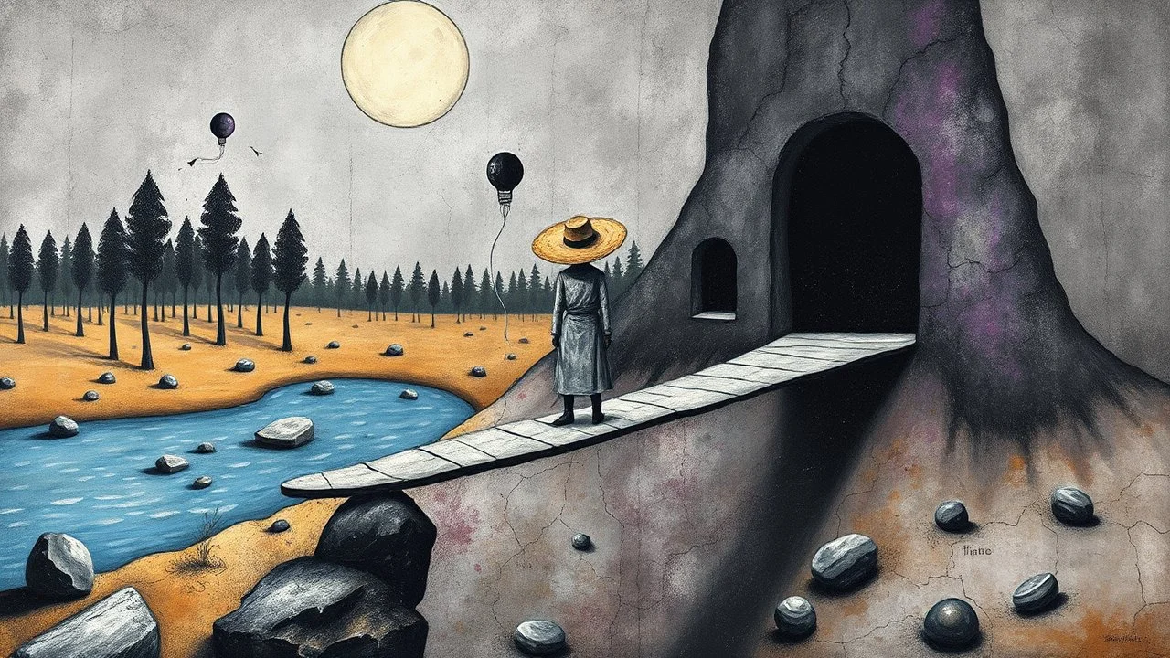 inner world this atypical world, in midle one alone human figure with a big weid hat his hands in weird alternative clothes stands on the thin bridge , weird whimsical landscape, forest, and Sahara water and rocks,, around surreal cracked painted weird land with some black doors. dark purple, gray, black, white, brown. Whimsical style of Chagall , of Minjae Lee and Anton Semenov, lonely with absurd beauty. broken, weird bizarr,e absurd nightmare, neuron network background, surreal vibe