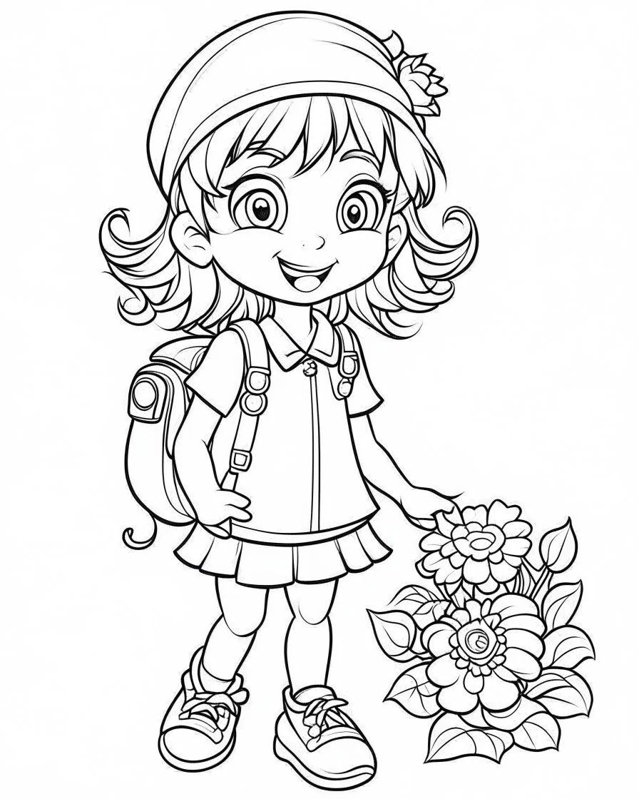 school cartoons coloring pages , no black color, no no flower, b/w outline art for kids coloring book page, Kids coloring pages, full white, kids style, white background, whole body, Sketch style, full body (((((white background))))), only use the outline., cartoon style, line art, coloring book, clean line art, white background, Sketch style