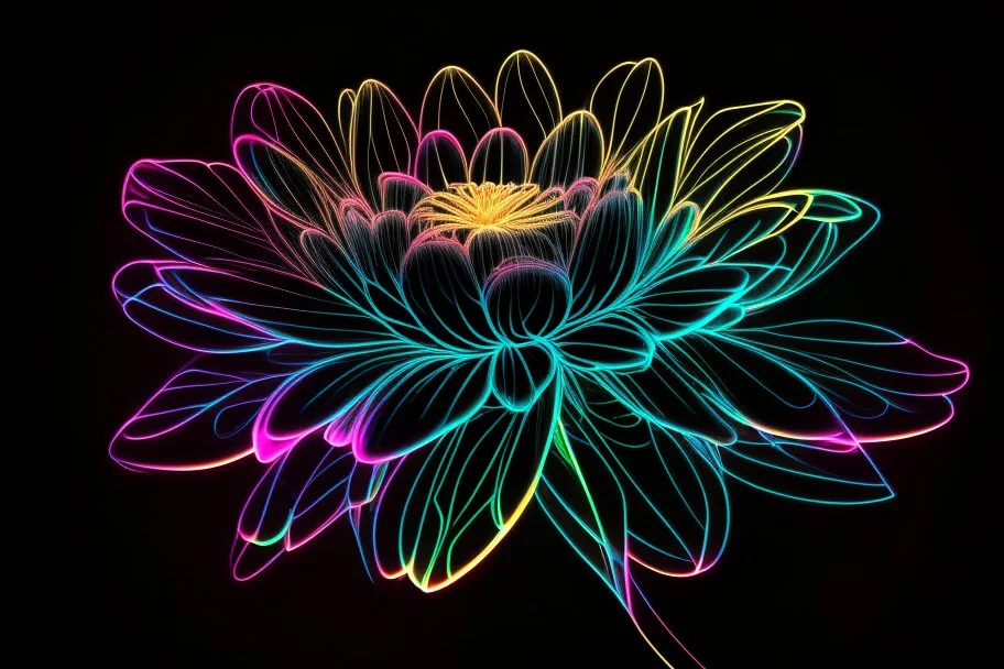 black background, outlines of a beautiful holographic flower, drawn from thin neon-coloured glowing lines