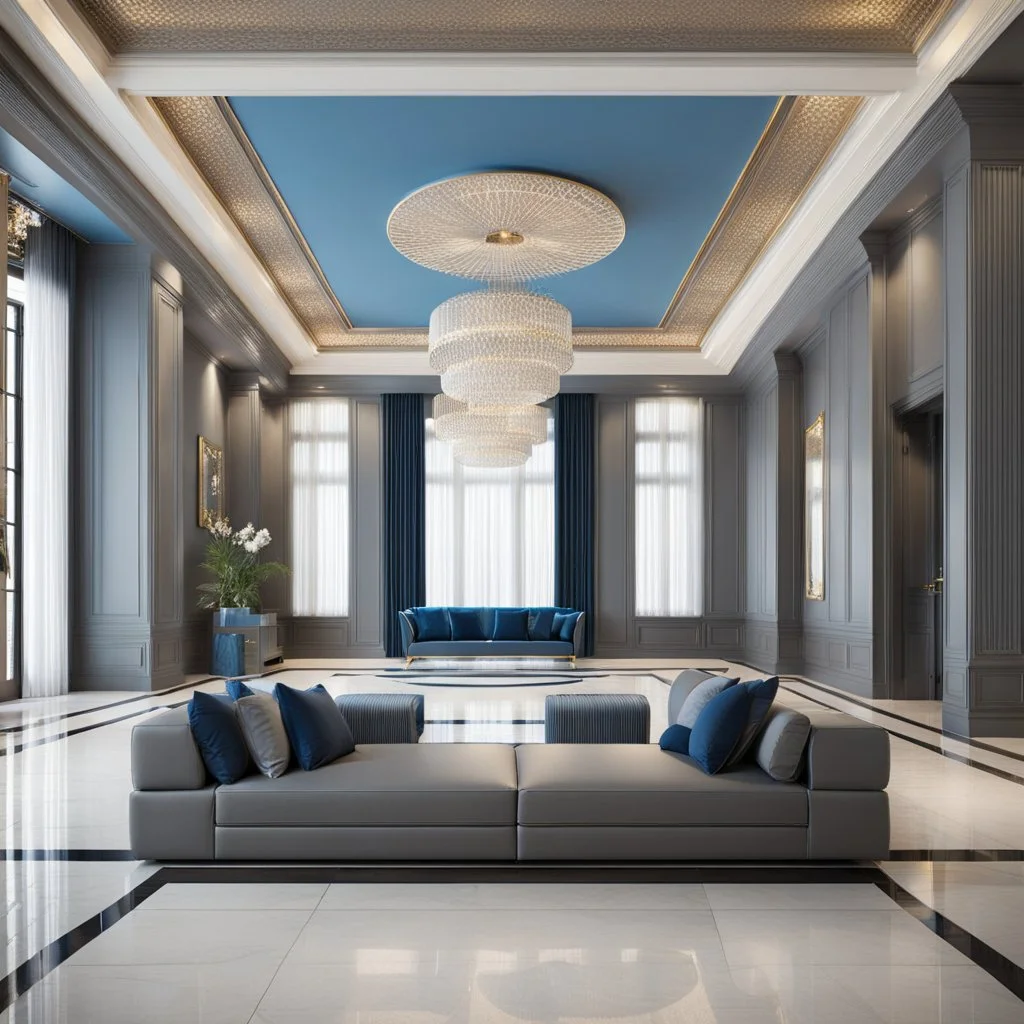 luxury hall ,tiled blue and gray large floor,