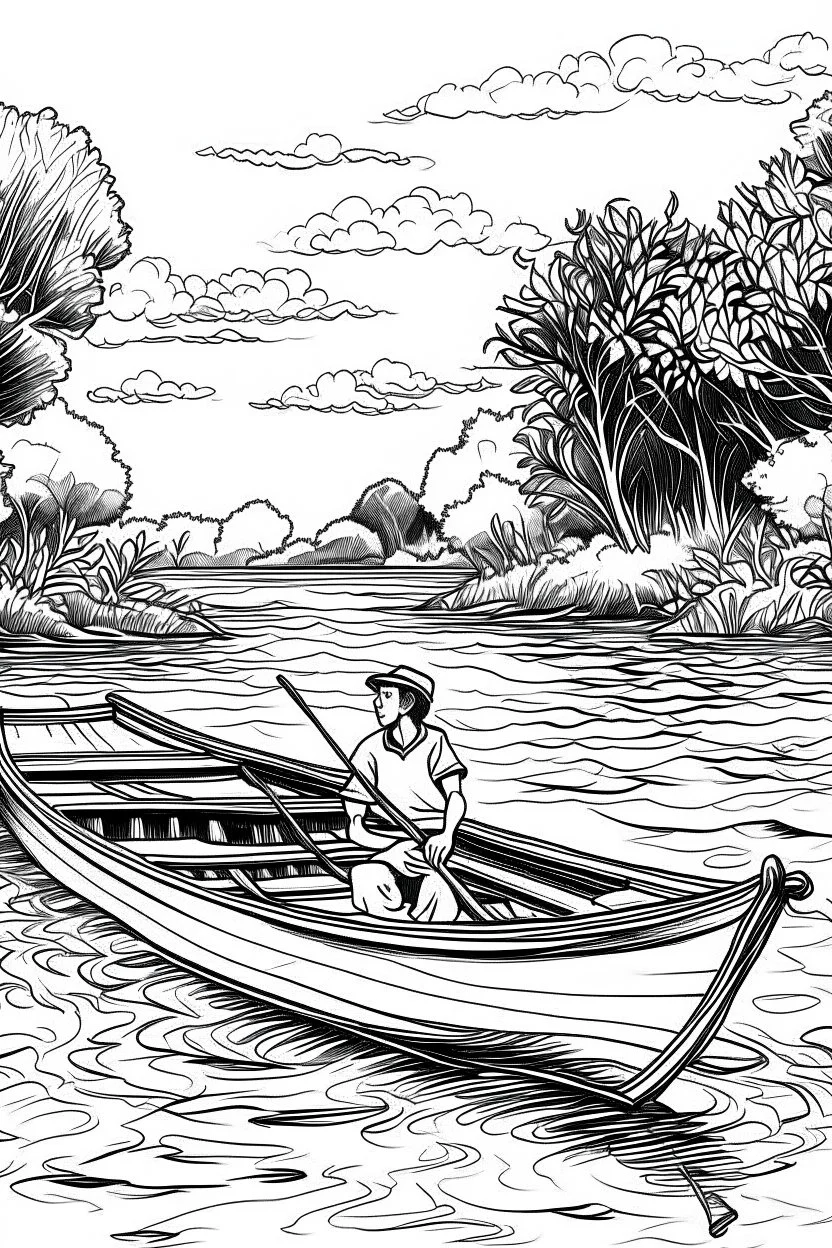 Outline art, no shading, boat full body on the river, cartoon style, black and white, low detail, --ar 9:11