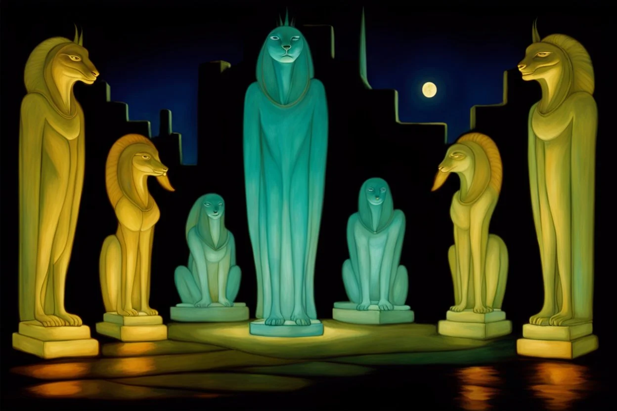 at night in an alley with noctilucent glass art sphinxes on both sides, torches, on a desert planet, perspective, centered, symmetry, vanishing point,by artist "William Merrit Chase",glass art