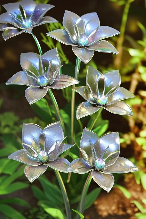 metallic garden shiny-chrome-open-flower-petals glass flowers sharp focus extremely detailed very attractive dynamic lighting exquisite detail