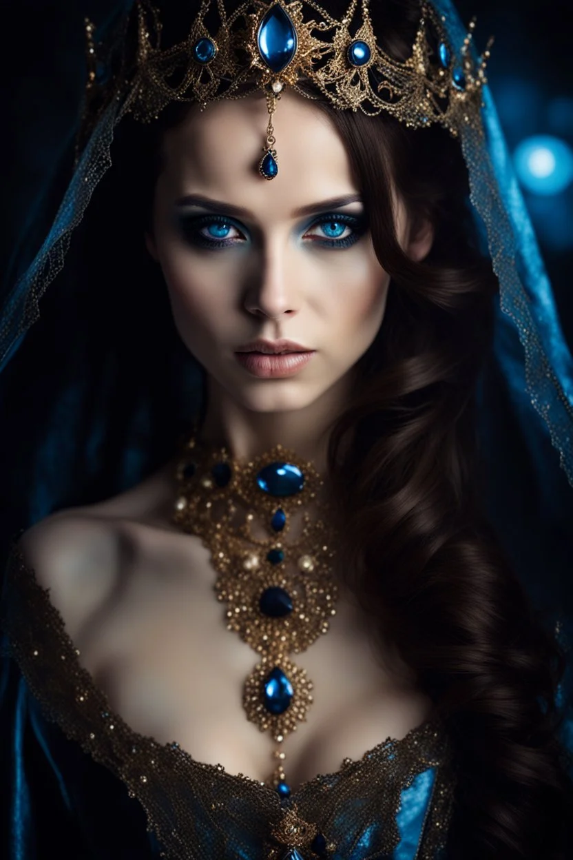 portrait of a young gothic queen with brown hair and blue eyes, very beautiful, dark fantasy