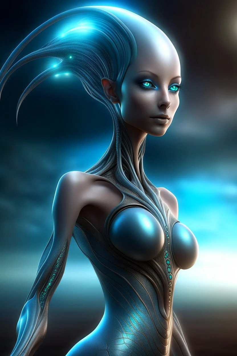 gorgeous female humanoid alien, full body posing, looking over shoulder at the sky, tentacles, coper zinc orichalcum jewelry and piercings, beautiful face, mesmerizing starry eyes, smooth translucent skin.