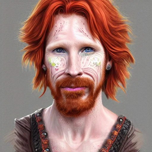 Portrait of Courtney Gains as a ruggedly handsome but joyful roguish pirate, charismatic, attractive male, masculine, perfect, precisely detailed, lightly freckled face, meticulously detailed multi-hued ginger carrot colored cherry fire red hair; Malachai of the corn; fantasy, intricate, elegant, highly detailed, digital painting, artstation, concept art, matte, sharp focus, illustration, art by artgerm and greg rutkowski and alphonse mucha