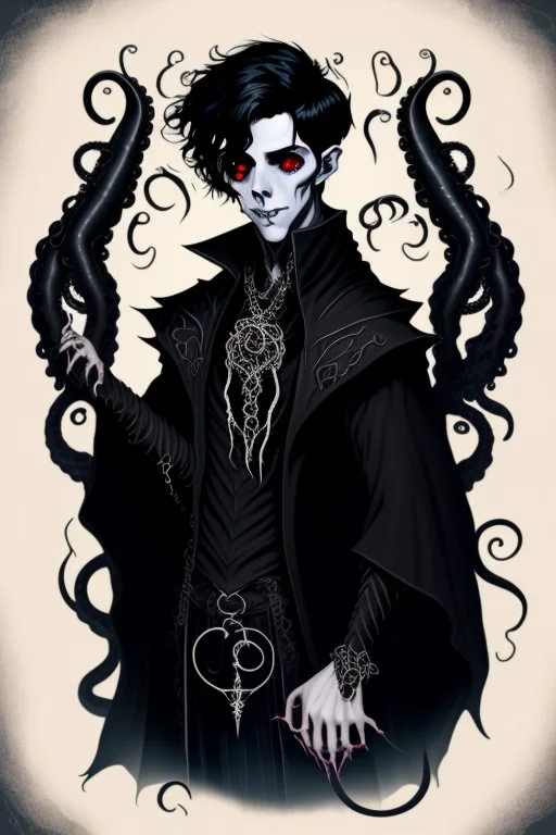 black haired young man necromancer wizard with gothic jewelry and tentacle fingers in the style of H. R. Geiger