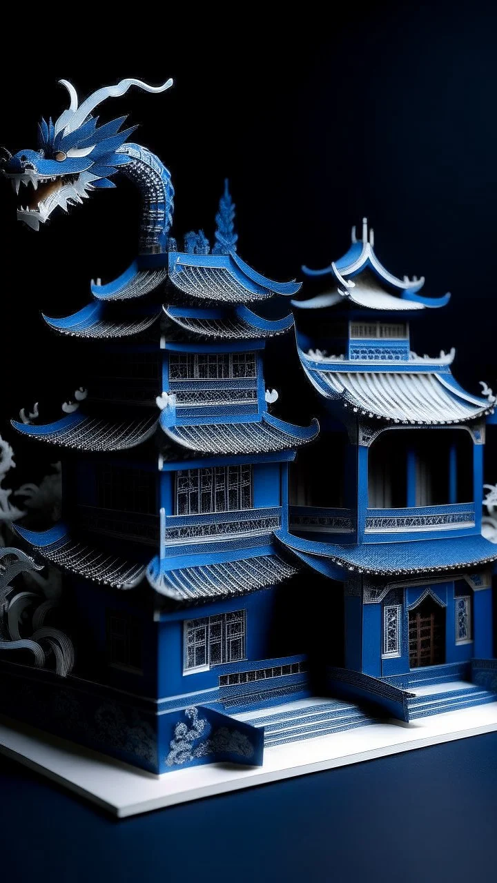 A dark blue palace with a dragon guarding it designed in Chinese paper art