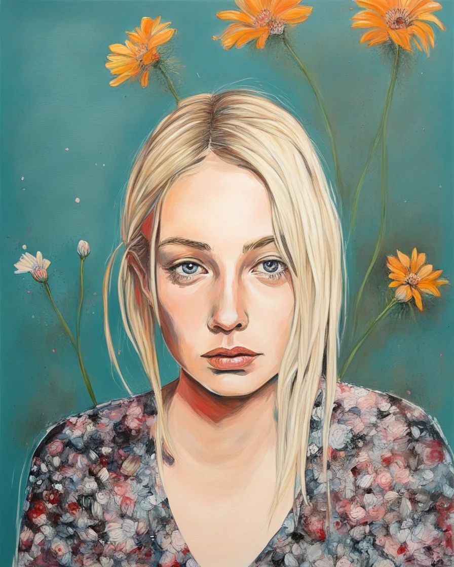 portrait, acrylic, fine drawing, blonde, woman, flowers, paint drips