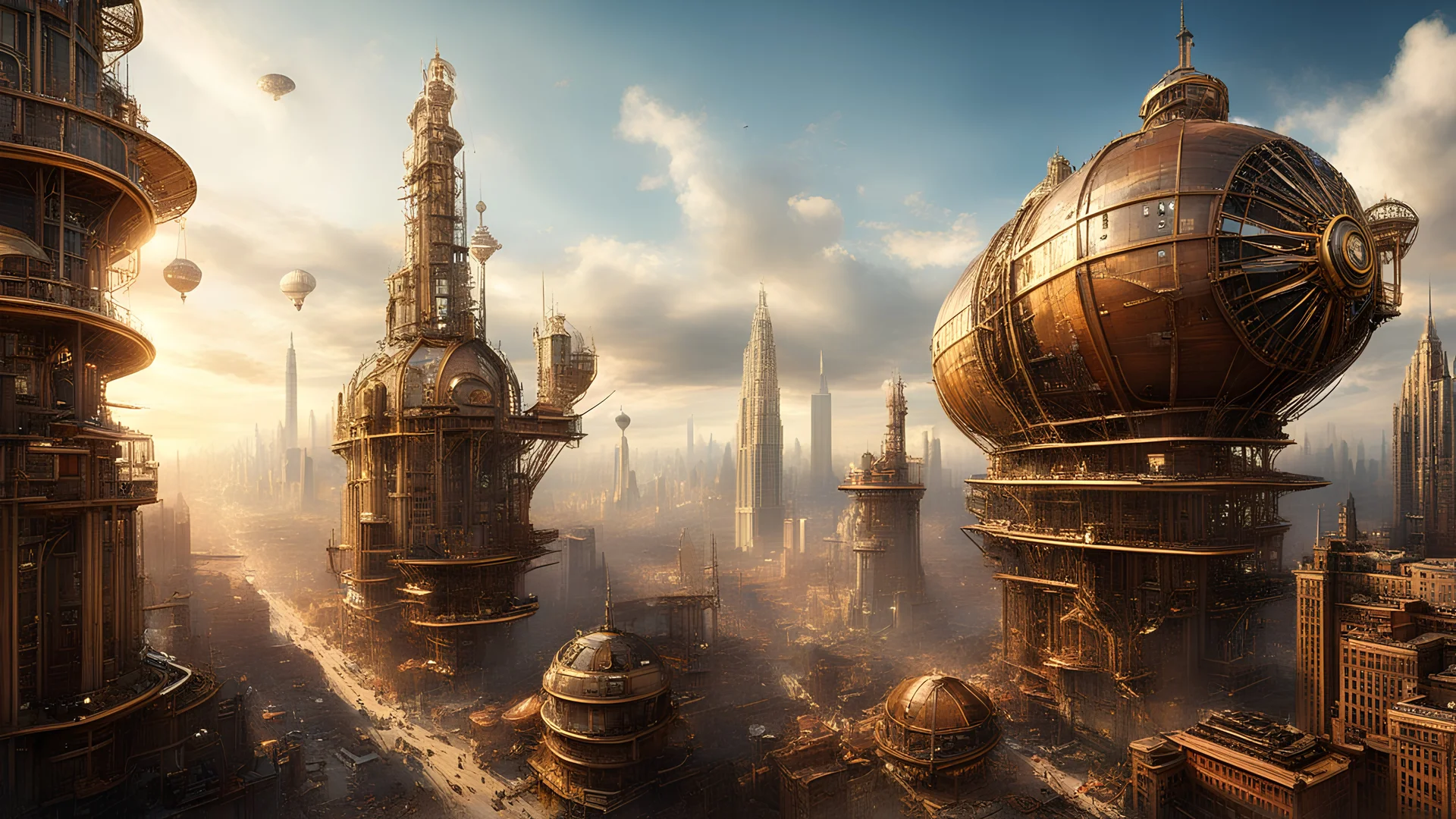 create a render: In a metropolis of steampunk wonders, envision a cityscape where towering skyscrapers of brass and iron pierce the skyline. Glide through this industrial marvel as airships, fueled by the rhythmic hum of mechanical ingenuity, gracefully navigate the spaces between these majestic structures. Inspired by the imaginative flair of Jorge Jacinto, picture a bustling steampunk world where the fusion of Victorian aesthetics and futuristic technology gives rise to a visually stunning urb