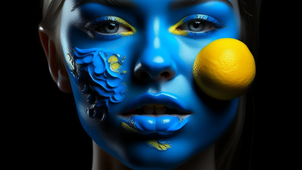 A stunning blue face with lips as bright as lemons, rendered in a hyper-realistic style with intricate details and a touch of surrealism.