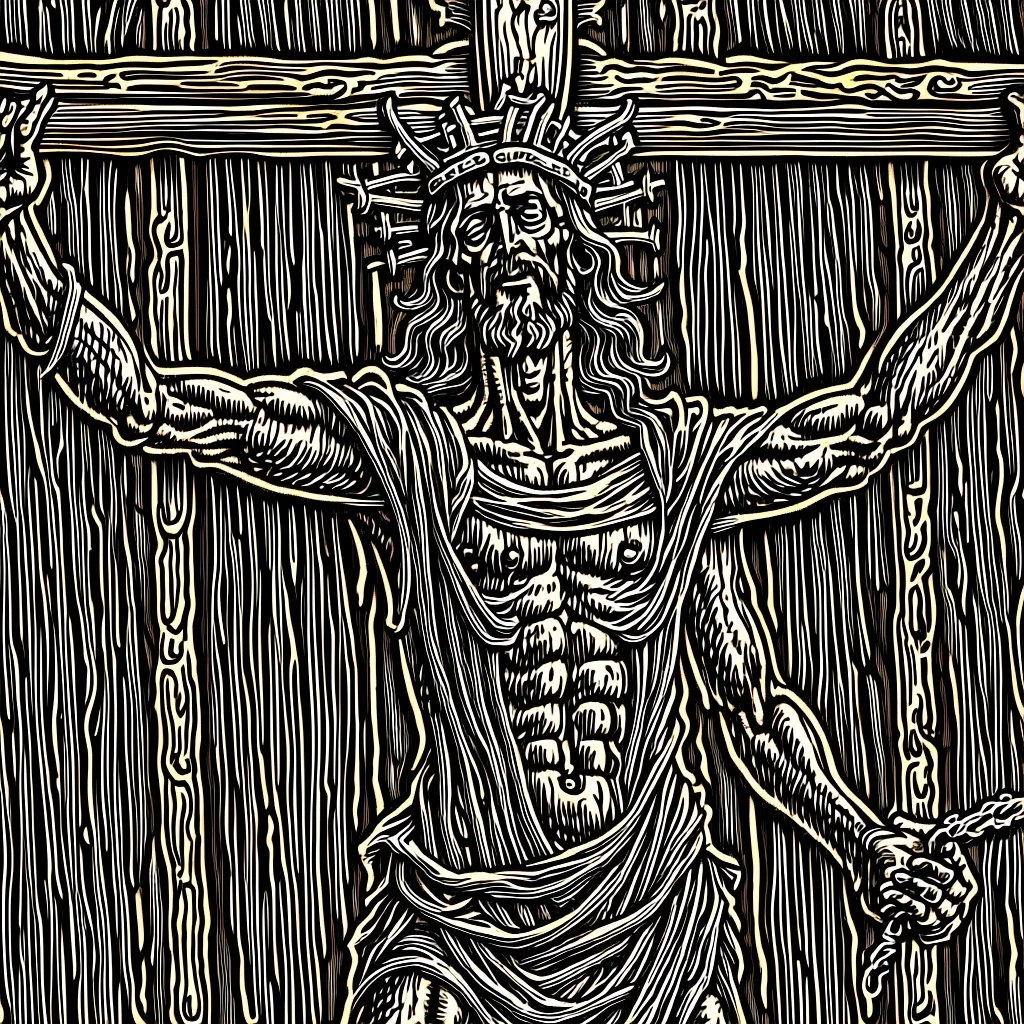 crucified on the cross christ liberty hybrid tone, woodcut, engraved, wall street journal style, statue of cruicified Jesus of Liberty with a beard and wearing a cross and hanging from a cross, The statue male, hyperdetailed intricately detailed photoillustration ink drawing dystopian 8k resolution entire body of the statue is in the picture. digital illustration telephoto lens photography , same colors as the us treasury's one dollar bill, crucified"